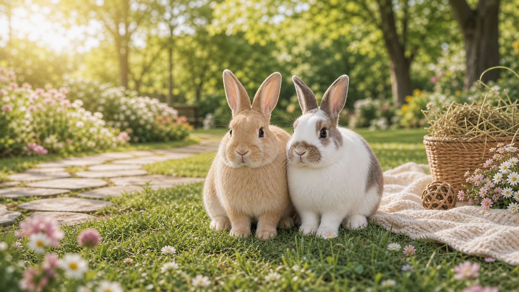 Two rescued rabbits near the middle of a sunny park garden