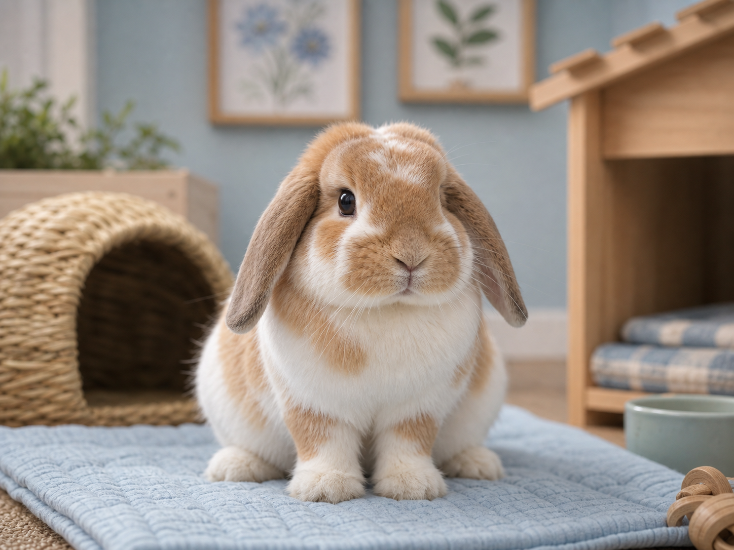 Miso, a caramel and white lop rabbit in a foster room