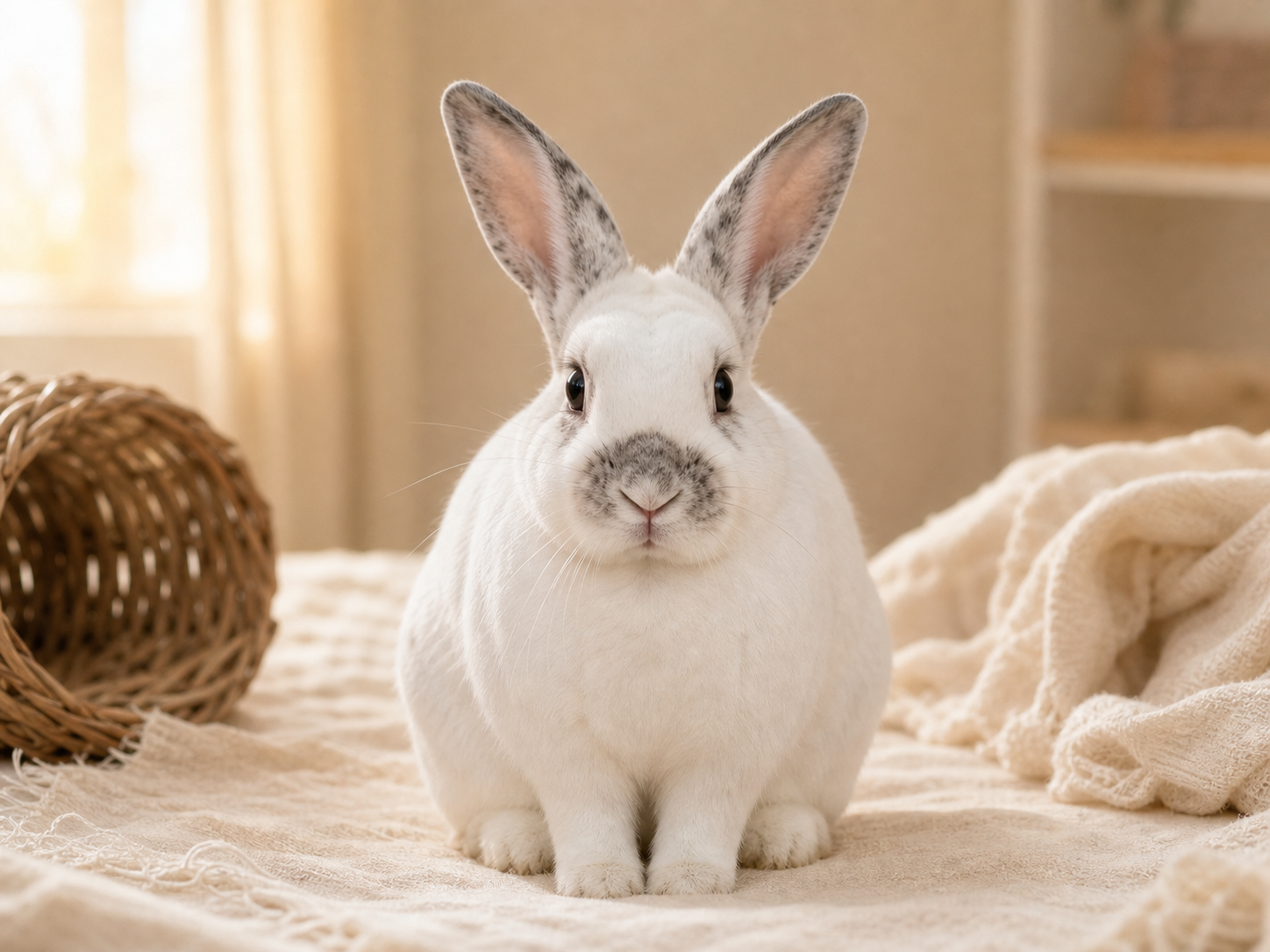 White rabbit sitting calmly in a soft indoor care setting